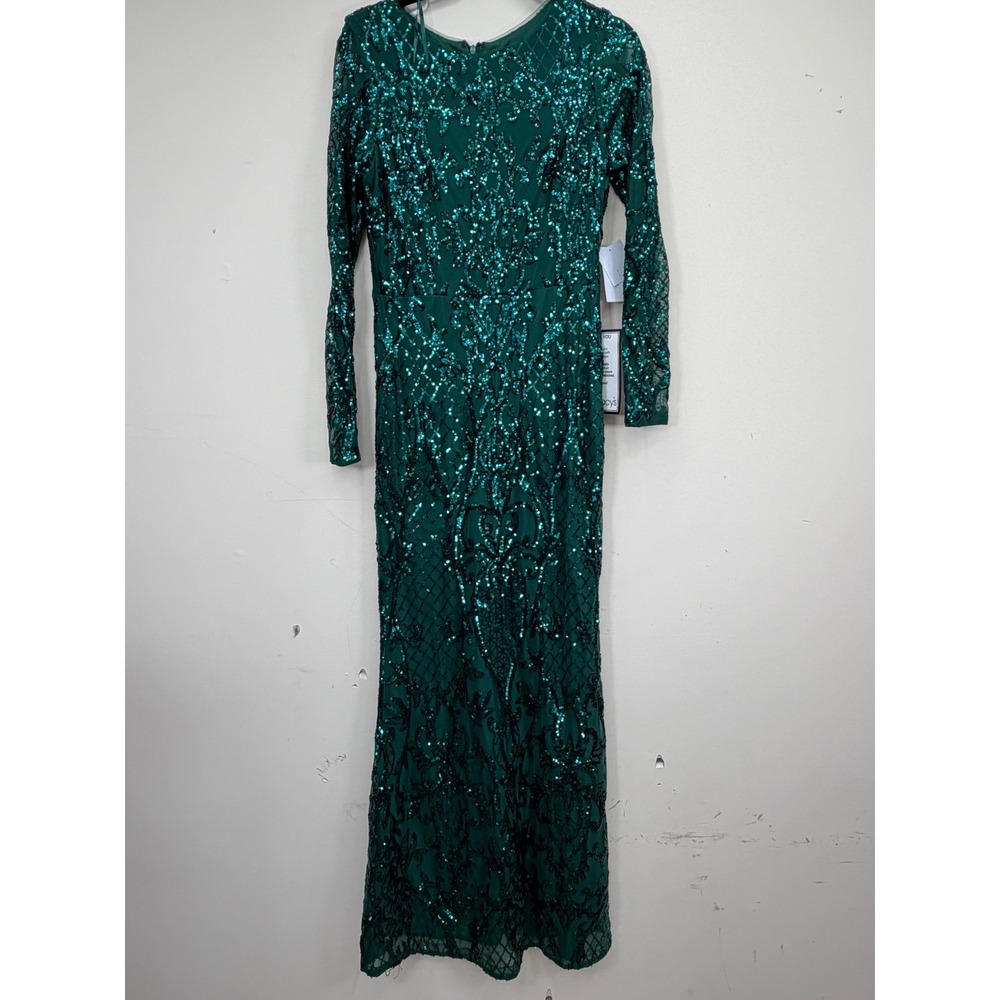 B&A Betsy & Adam Gown Womens 10P Green NWT Sequin Long Sleeve Formal MSRP $189